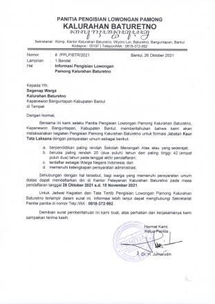 PENGUMUMAN - PENGISIAN LOWONGAN PAMONG KALURAHAN BATURETNO JABATAN KAUR TATA LAKSANA TAHUN 2021